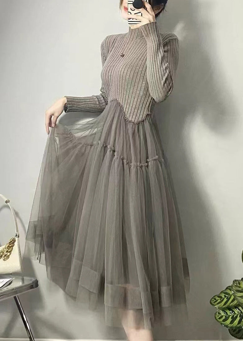 レディース ブルー チュール切替 アシンメトリーデザイン パッチワーク ロングワンピース 秋用