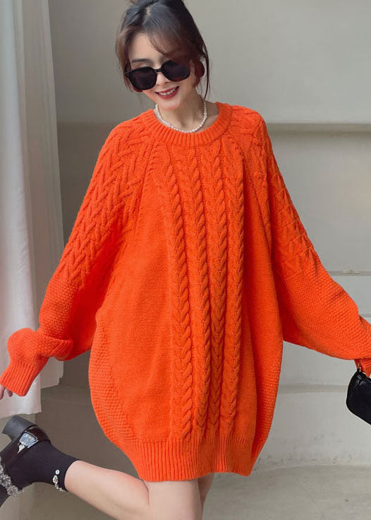 レディース DIY風 オレンジ Oネック あったか ニットワンピース 冬用
